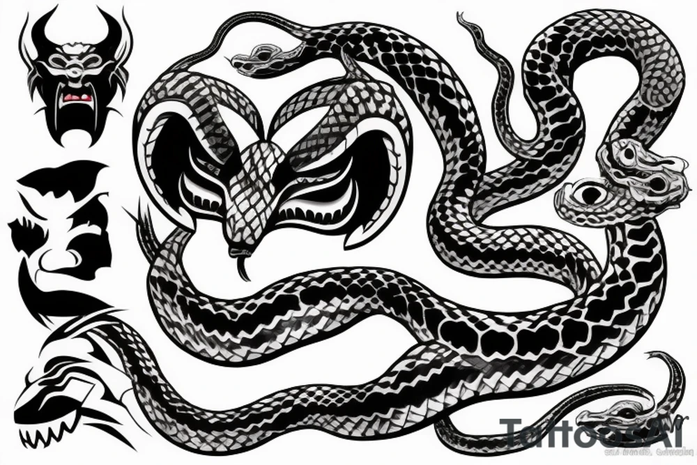 Oni mask with a Dangerous snake tattoo idea