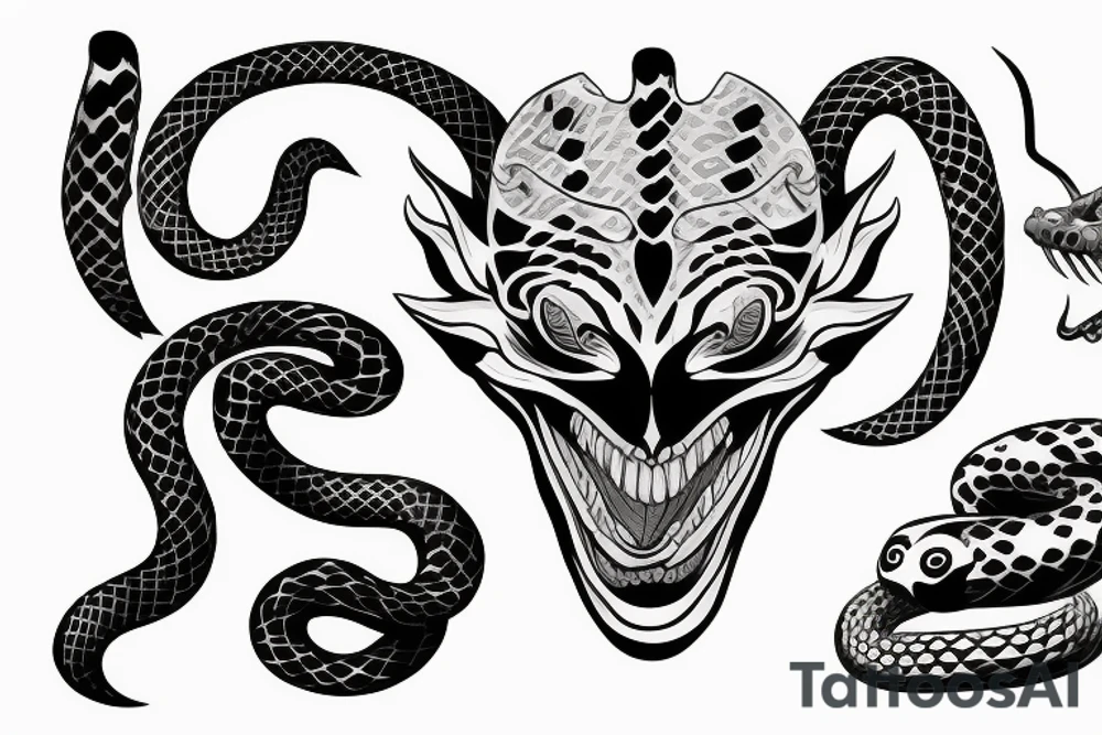 Oni mask with a Dangerous snake tattoo idea