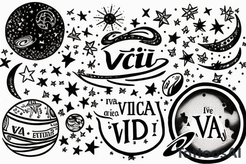 In typewriter font, quote "veni, vidi, vici" with stars and planets surrounding it tattoo idea