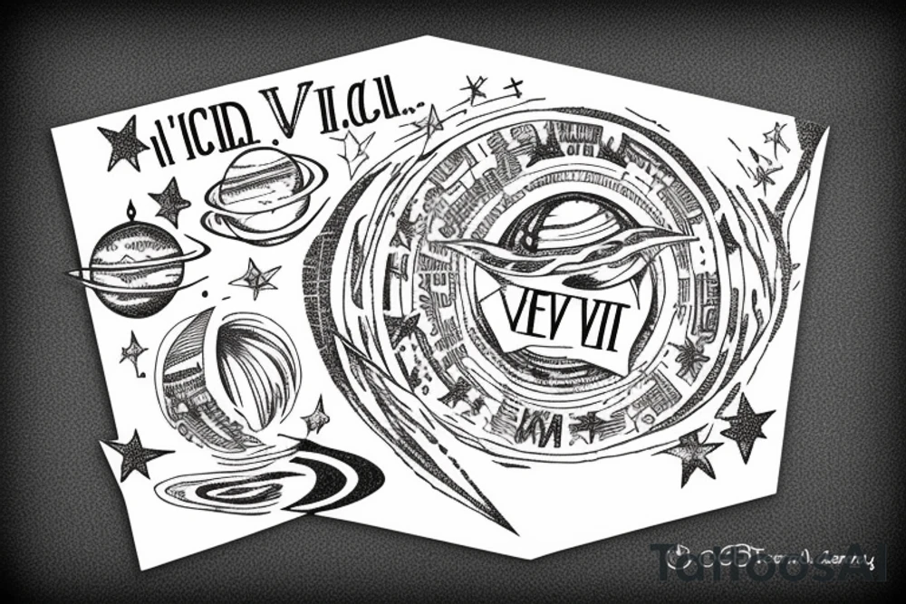 In typewriter font, quote "veni, vidi, vici" with stars and planets surrounding it tattoo idea