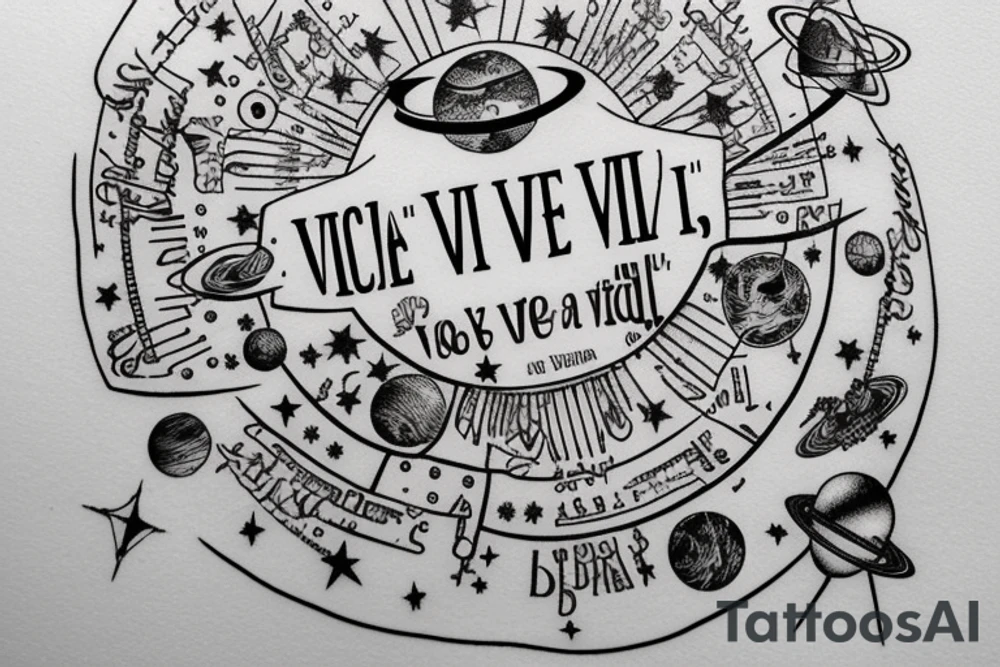 In typewriter font, quote "veni, vidi, vici" with stars and planets surrounding it tattoo idea