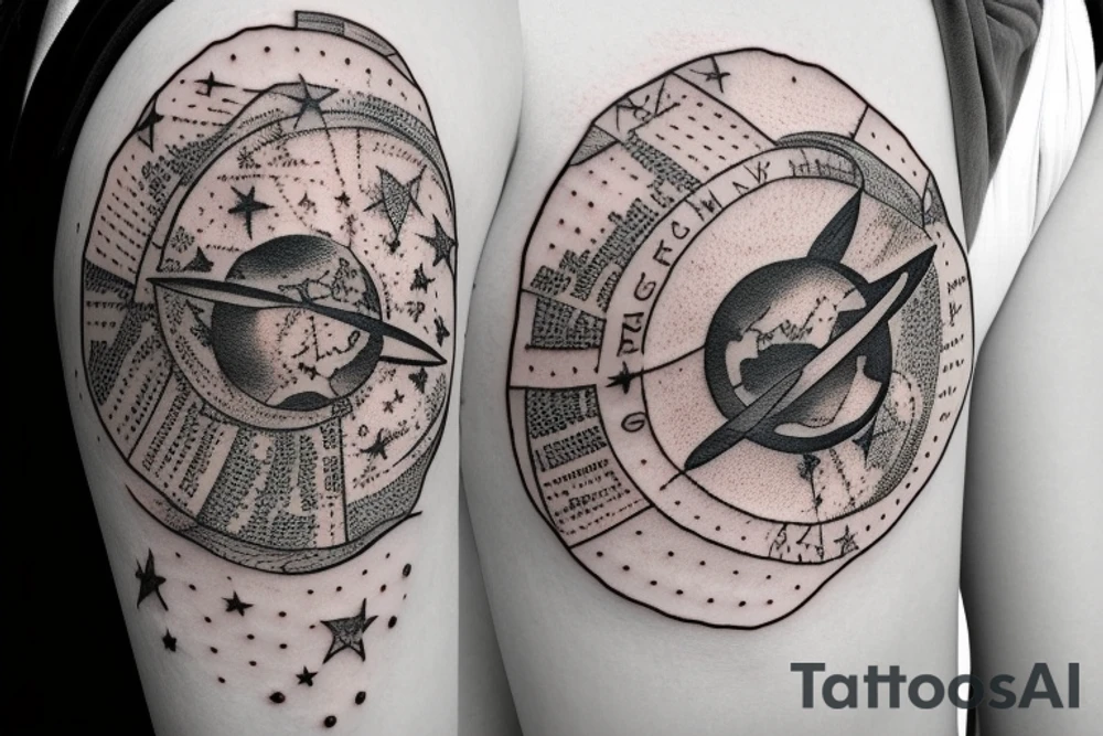 In typewriter font, quote "veni, vidi, vici" with stars and planets surrounding it tattoo idea