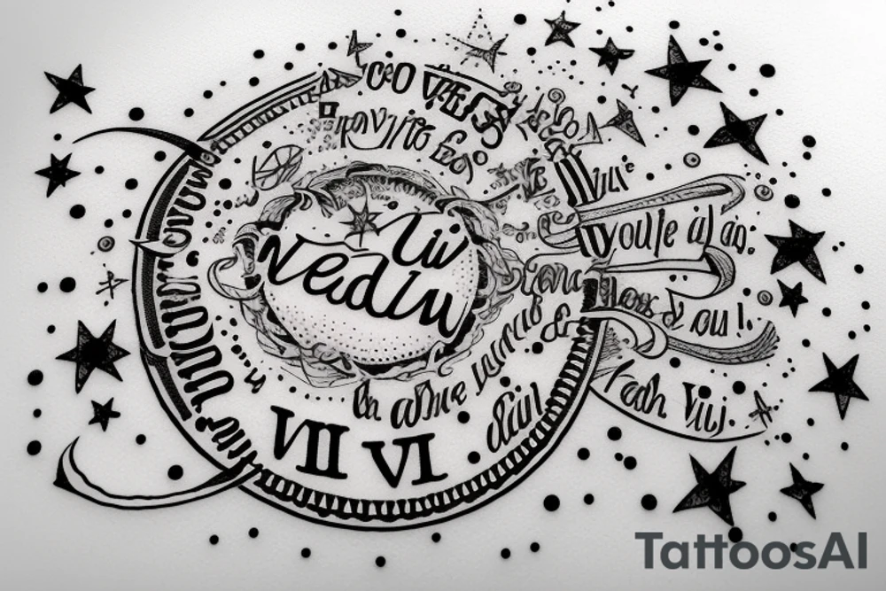 In typewriter font, quote "veni, vidi, vici" with stars and planets surrounding it tattoo idea