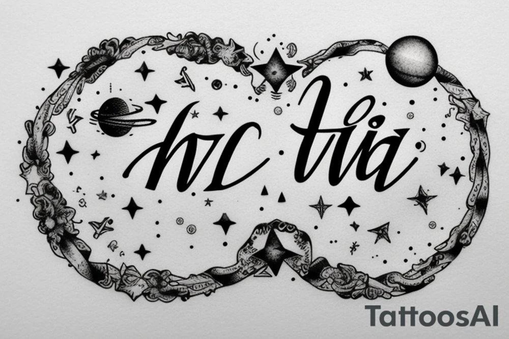 In typewriter font, quote "veni, vidi, vici" with stars and planets surrounding it tattoo idea