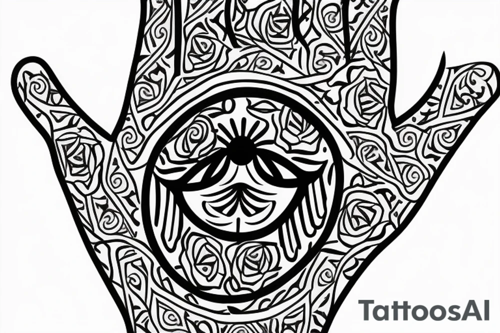 Hand of hamsa with roses tattoo idea