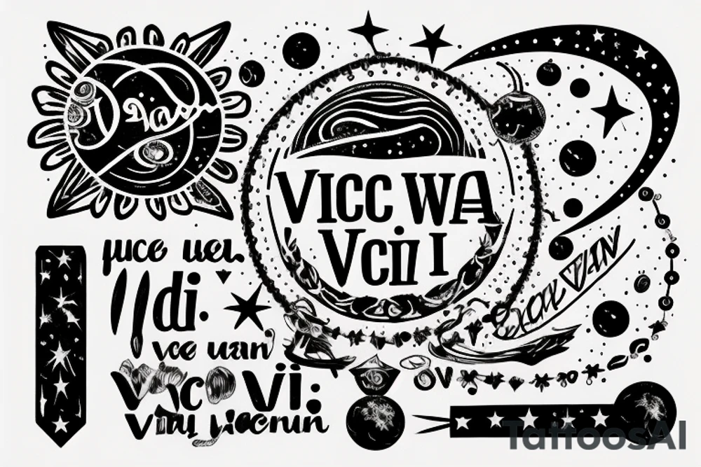 In typewriter font, quote "veni, vidi, vici" with stars and planets surrounding it tattoo idea