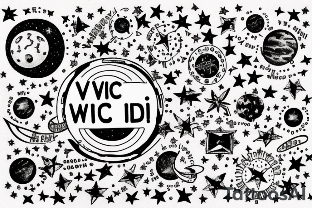 In typewriter font, quote "veni, vidi, vici" with stars and planets surrounding it tattoo idea