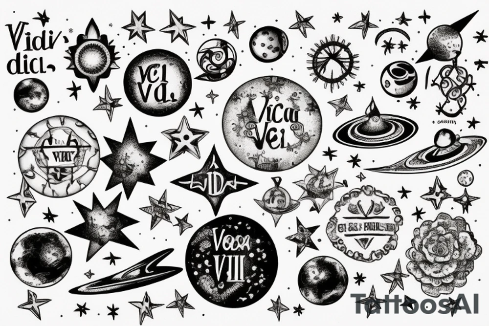 In typewriter font, quote "veni, vidi, vici" with stars and planets surrounding it tattoo idea