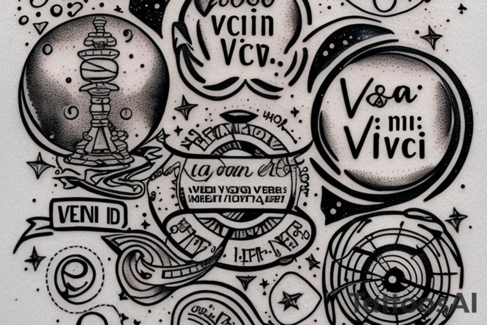 In typewriter font, quote "veni, vidi, vici" with stars and planets surrounding it tattoo idea