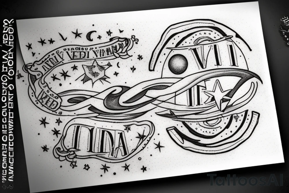 In typewriter font, quote "veni, vidi, vici" with stars and planets surrounding it tattoo idea