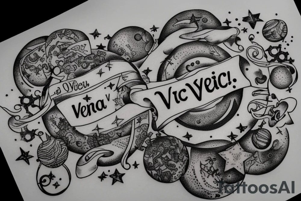 In typewriter font, quote "veni, vidi, vici" with stars and planets surrounding it tattoo idea