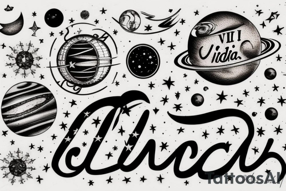 In typewriter font, quote "veni, vidi, vici" with stars and planets surrounding it tattoo idea