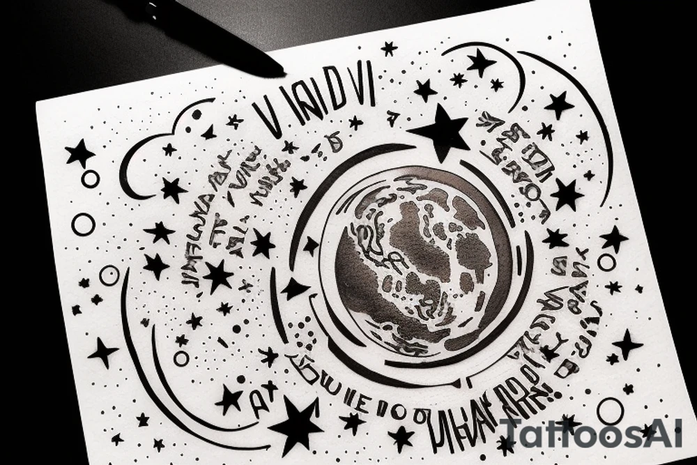 In typewriter font, quote "veni, vidi, vici" with stars and planets surrounding it tattoo idea
