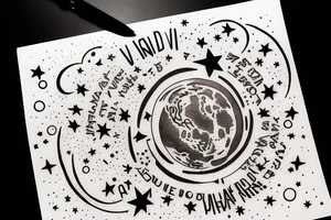 In typewriter font, quote "veni, vidi, vici" with stars and planets surrounding it tattoo idea