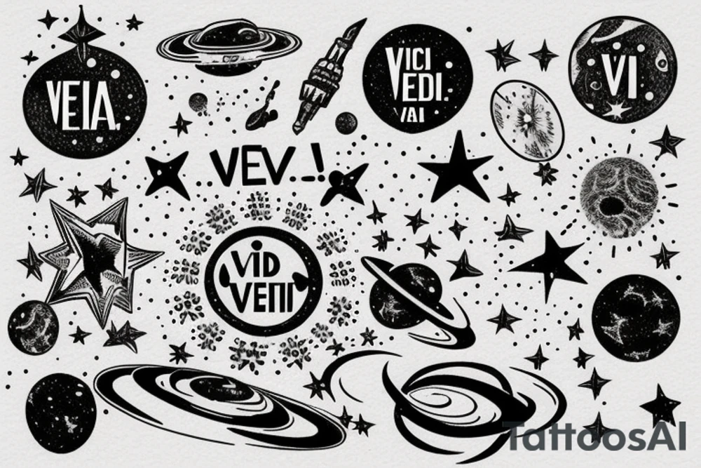 In typewriter font, quote "veni, vidi, vici" with stars and planets surrounding it tattoo idea