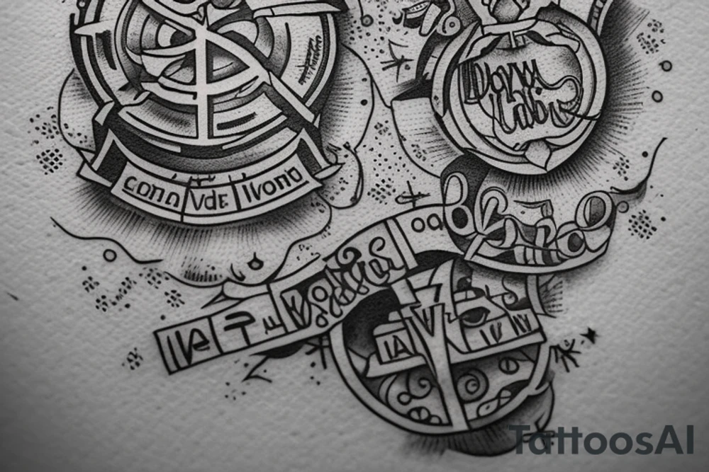 In typewriter font, quote "veni, vidi, vici" with catholic symbols surrounding it tattoo idea