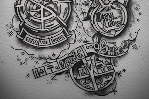 In typewriter font, quote "veni, vidi, vici" with catholic symbols surrounding it tattoo idea