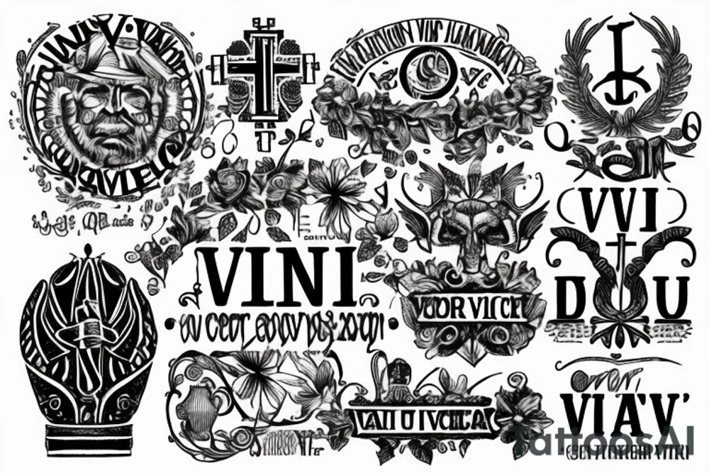 In typewriter font, quote "veni, vidi, vici" with catholic symbols surrounding it tattoo idea