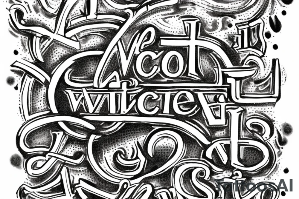 In typewriter font, quote "veni, vidi, vici" with catholic symbols surrounding it tattoo idea