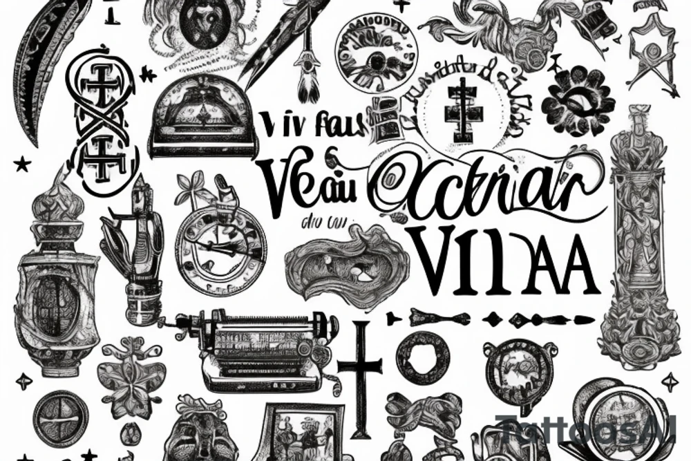 In typewriter font, quote "veni, vidi, vici" with catholic symbols surrounding it tattoo idea