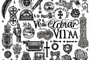 In typewriter font, quote "veni, vidi, vici" with catholic symbols surrounding it tattoo idea
