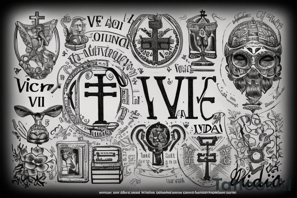 In typewriter font, quote "veni, vidi, vici" with catholic symbols surrounding it tattoo idea