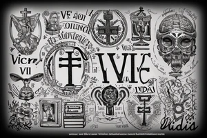 In typewriter font, quote "veni, vidi, vici" with catholic symbols surrounding it tattoo idea