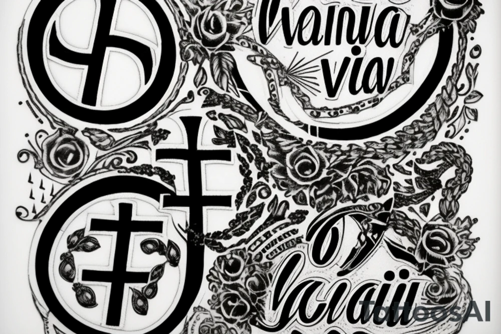 In typewriter font, quote "veni, vidi, vici" with catholic symbols surrounding it tattoo idea