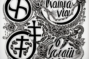In typewriter font, quote "veni, vidi, vici" with catholic symbols surrounding it tattoo idea