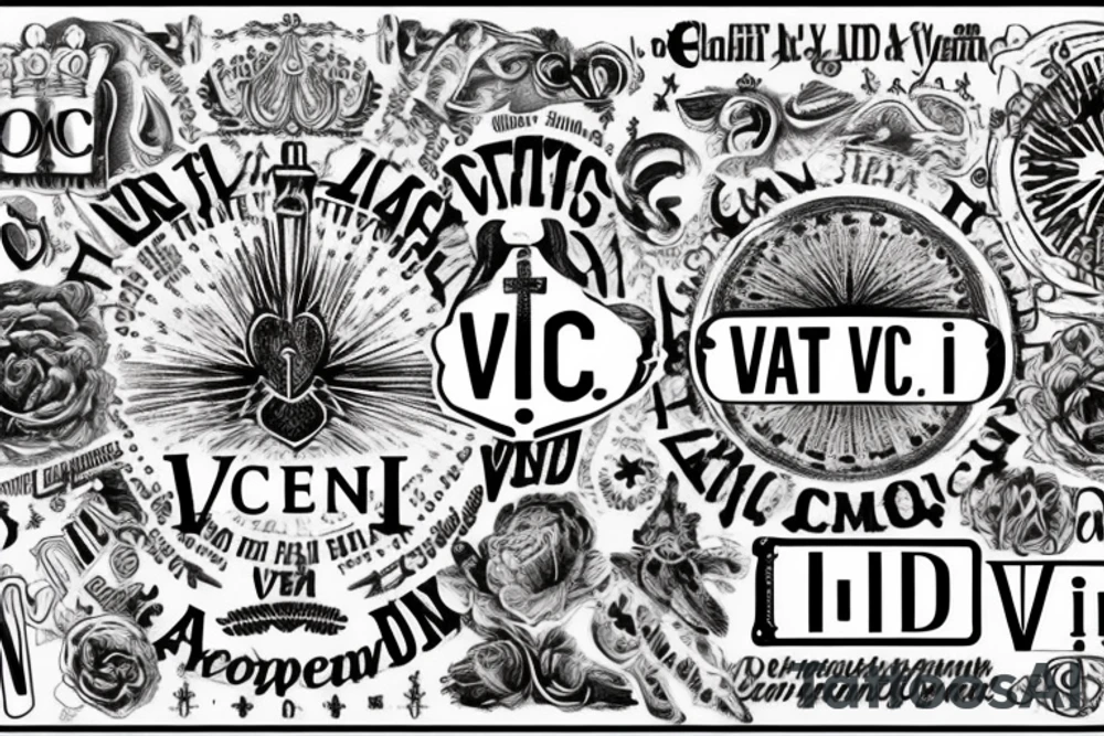 In typewriter font, quote "veni, vidi, vici" with catholic symbols surrounding it tattoo idea