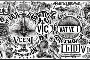 In typewriter font, quote "veni, vidi, vici" with catholic symbols surrounding it tattoo idea