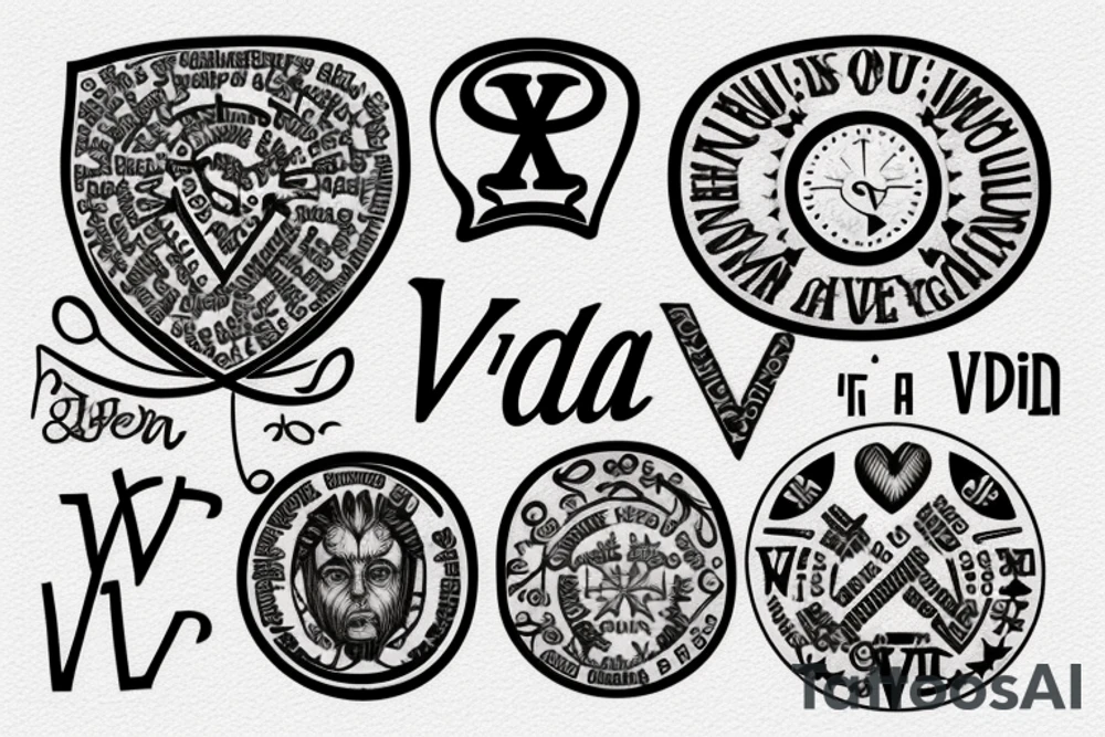 In typewriter font, quote "veni, vidi, vici" with catholic symbols surrounding it tattoo idea