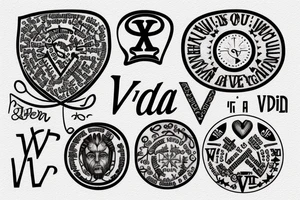 In typewriter font, quote "veni, vidi, vici" with catholic symbols surrounding it tattoo idea
