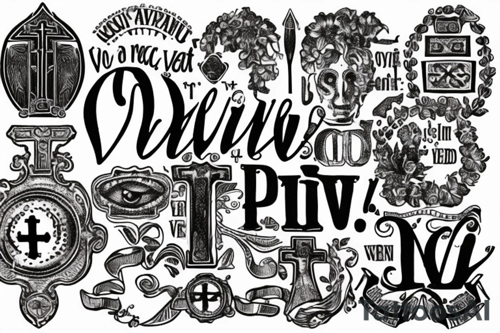 In typewriter font, quote "veni, vidi, vici" with catholic symbols surrounding it tattoo idea