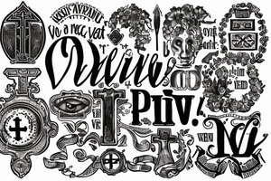 In typewriter font, quote "veni, vidi, vici" with catholic symbols surrounding it tattoo idea