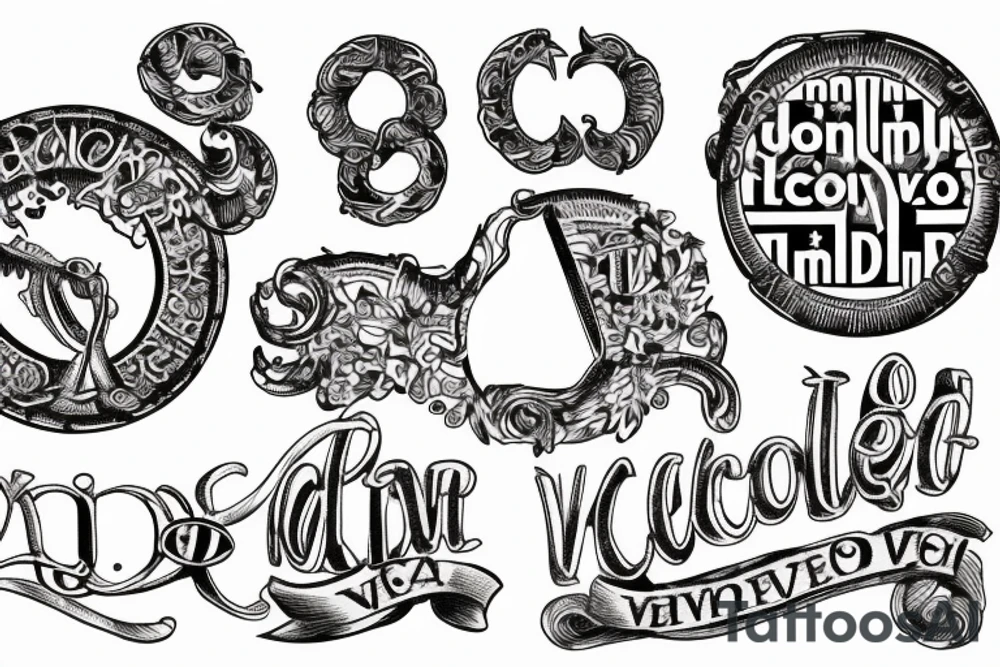 In typewriter font, quote "veni, vidi, vici" with catholic symbols surrounding it tattoo idea
