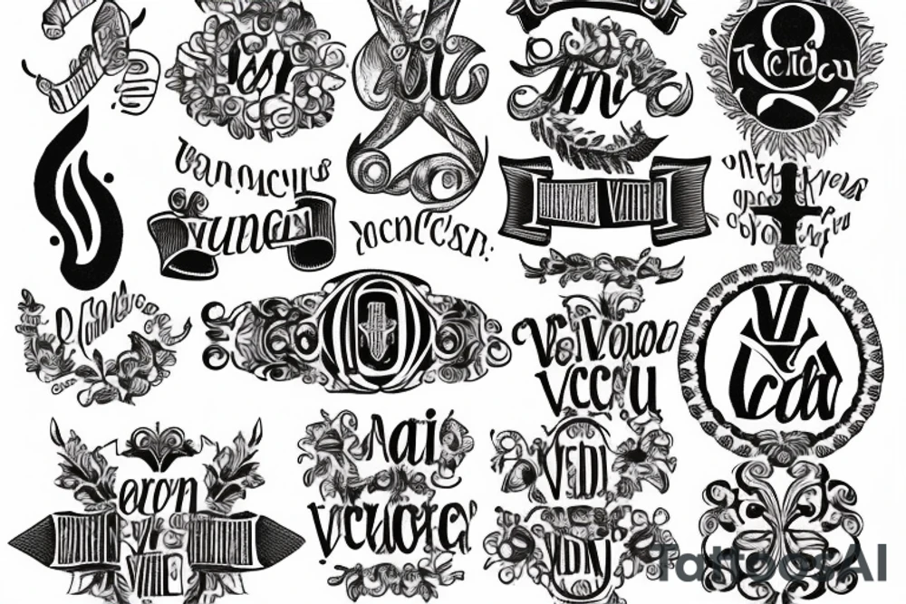 In typewriter font, quote "veni, vidi, vici" with catholic symbols surrounding it tattoo idea