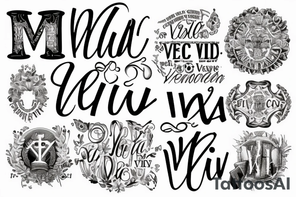 In typewriter font, quote "veni, vidi, vici" with catholic symbols surrounding it tattoo idea