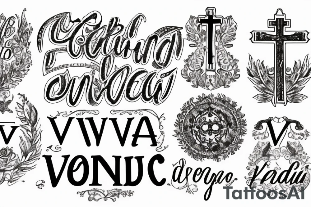 In typewriter font, quote "veni, vidi, vici" with catholic symbols surrounding it tattoo idea