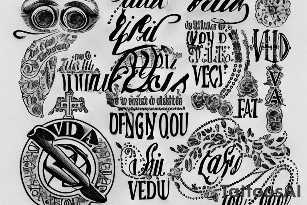 In typewriter font, quote "veni, vidi, vici" with catholic symbols surrounding it tattoo idea