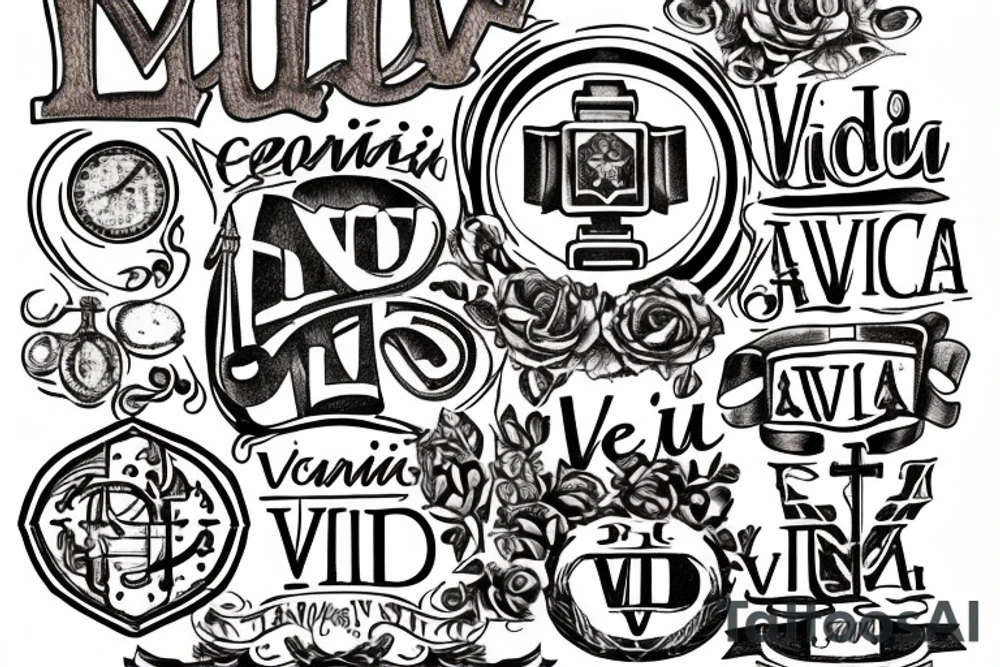 In typewriter font, quote "veni, vidi, vici" with catholic symbols surrounding it tattoo idea