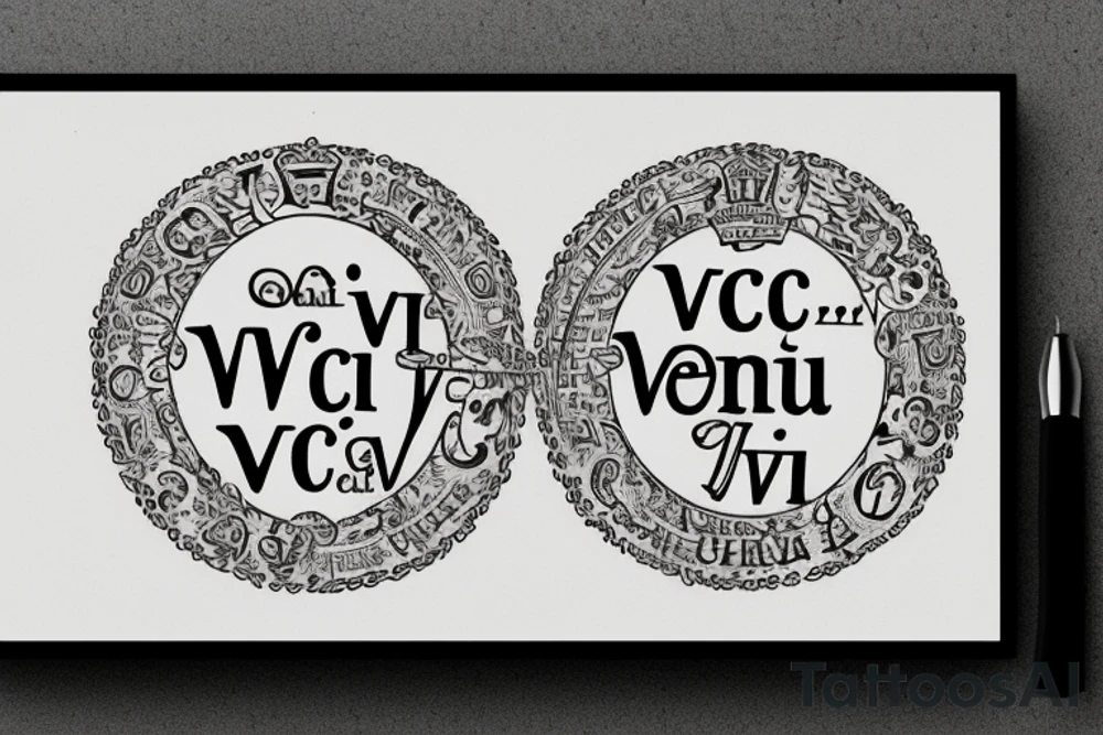In typewriter font, quote "veni, vidi, vici" with catholic symbols surrounding it tattoo idea