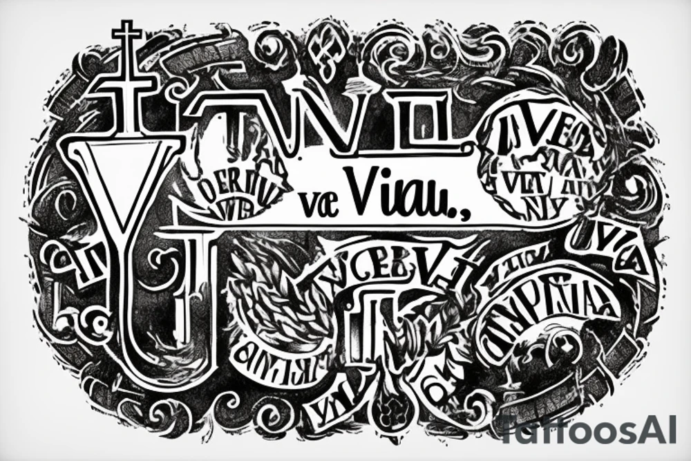 In typewriter font, quote "veni, vidi, vici" with catholic symbols surrounding it tattoo idea