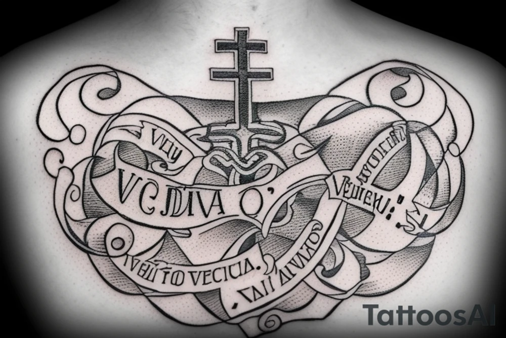 In typewriter font, quote "veni, vidi, vici" with catholic symbols surrounding it tattoo idea
