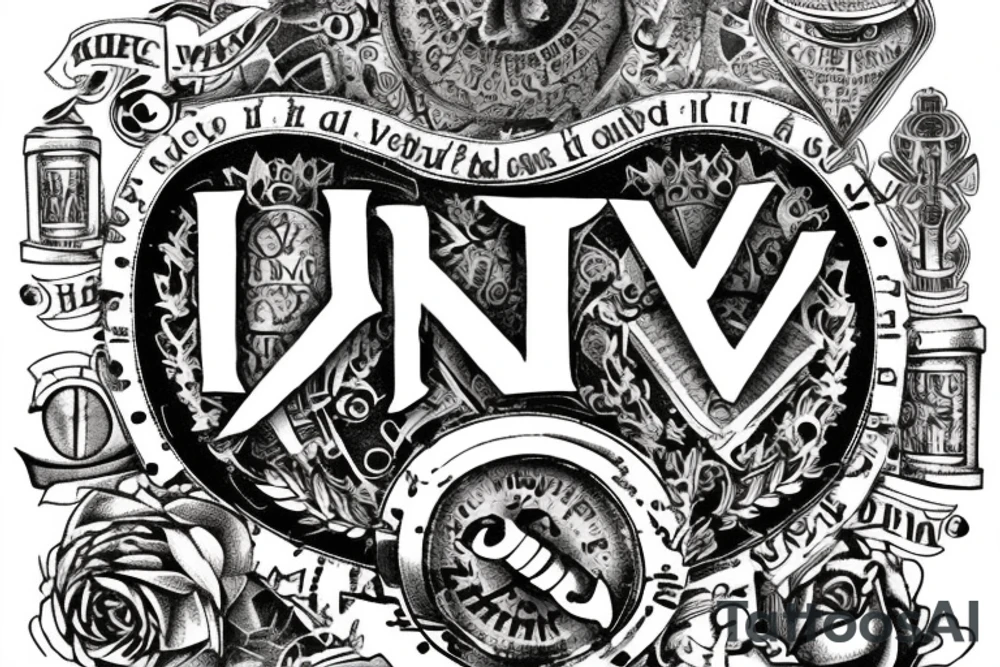 In typewriter font, quote "veni, vidi, vici" with catholic symbols surrounding it tattoo idea