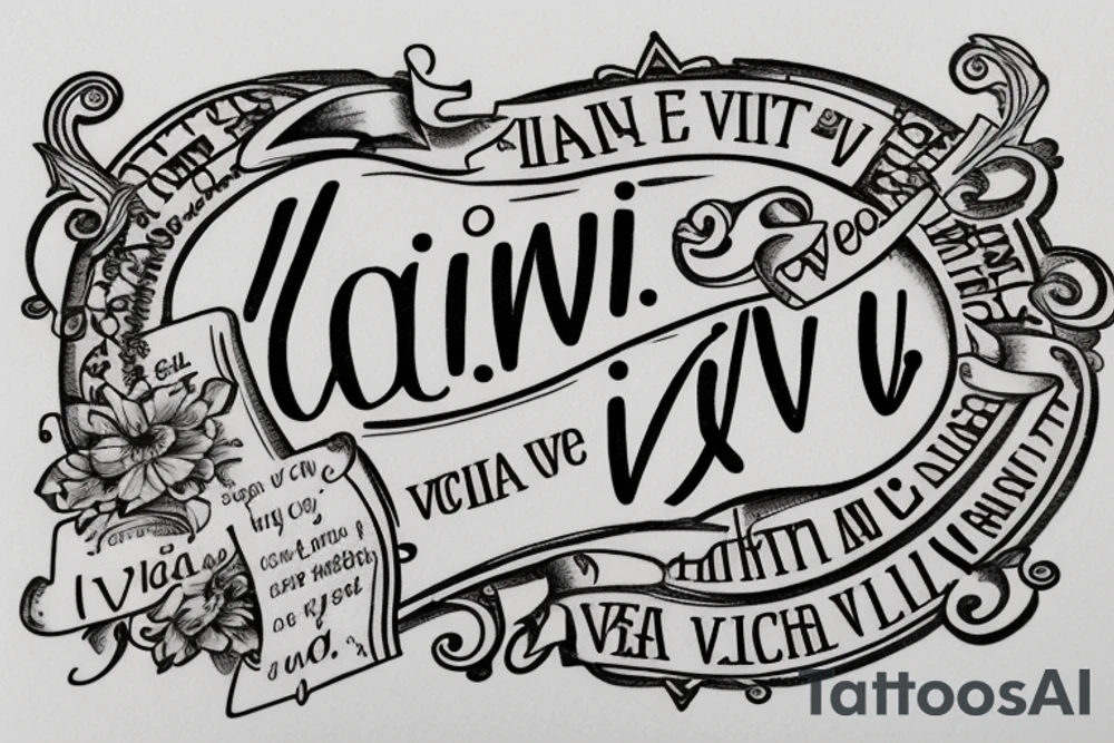 In typewriter font, quote "veni, vidi, vici" with catholic symbols surrounding it tattoo idea