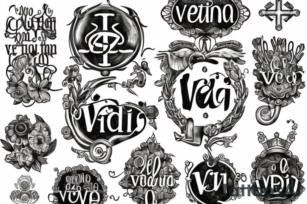 In typewriter font, quote "veni, vidi, vici" with catholic symbols surrounding it tattoo idea