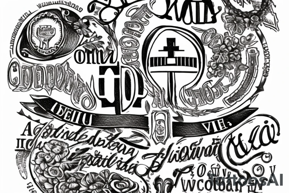 In typewriter font, quote "veni, vidi, vici" with catholic symbols surrounding it tattoo idea