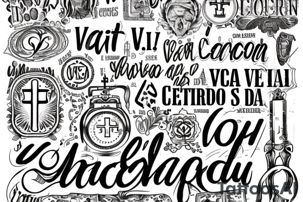 In typewriter font, quote "veni, vidi, vici" with catholic symbols surrounding it tattoo idea