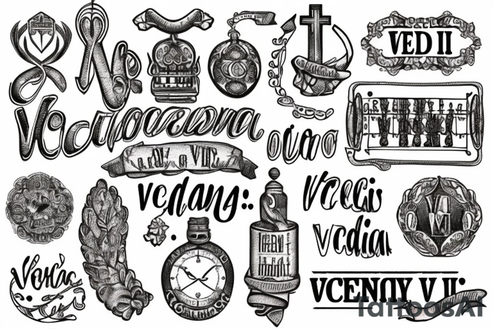In typewriter font, quote "veni, vidi, vici" with catholic symbols surrounding it tattoo idea